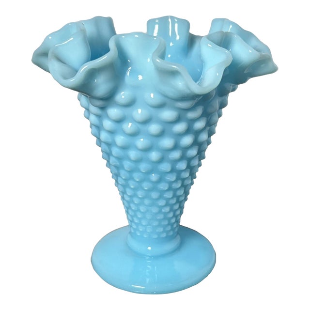 Vintage Fenton Pastel Blue Hobnail Milk Glass Footed Double Crimped Ruffle Vase For Sale
