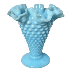 Vintage Fenton Pastel Blue Hobnail Milk Glass Footed Double Crimped Ruffle Vase