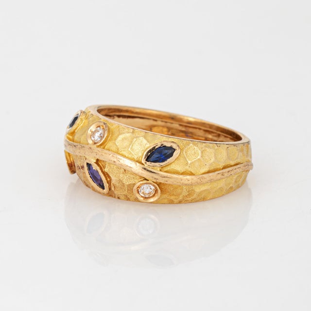 80s Portuguese Vine Leaf Ring 19k Yellow Gold Sapphire Diamond Band Sz 8.5 For Sale - Image 4 of 7