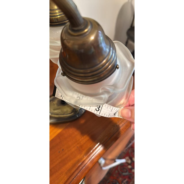Brass Vintage Art Nouveau Double Gooseneck Lamp - White Frosted Rose Shades For Sale - Image 8 of 9
