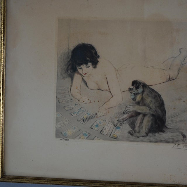Antique French P. E. Felix Colored Lithograph of a Nude Playing Cards with a Monkey Signed & Numbered. Framed & Under...
