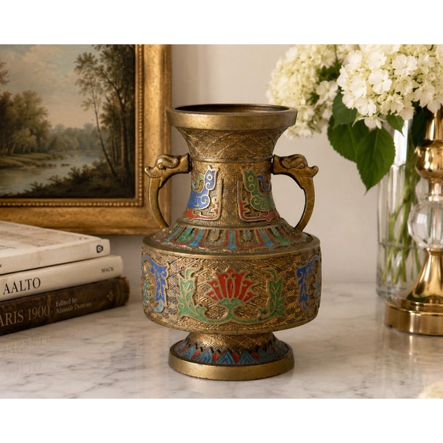 Vintage Asian Champlevé Enamel Brass Vase With Elephant-Head Handles For Sale - Image 9 of 9