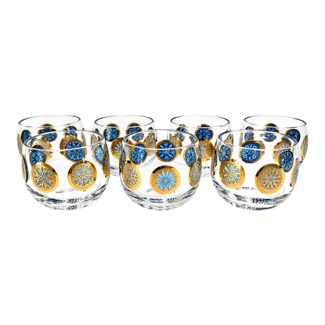 Mid 20th Century Mid-Century Modern Turquoise & Gold Medallion Roly Poly Cocktail Glasses, Attributed to Culver – Set of 7 For Sale