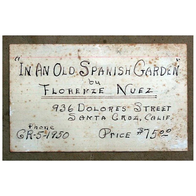 1950s "Old Spanish Garden" House Portrait Oil Painting by Florence Nuez, Framed For Sale - Image 4 of 5