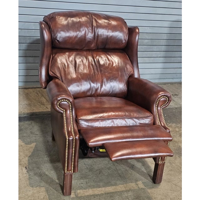 Late 20th Century Share Hancock & Moore Brown Leather Mahogany Chippendale Style Wing Chair Recliner For Sale In Cleveland - Image 6 of 13