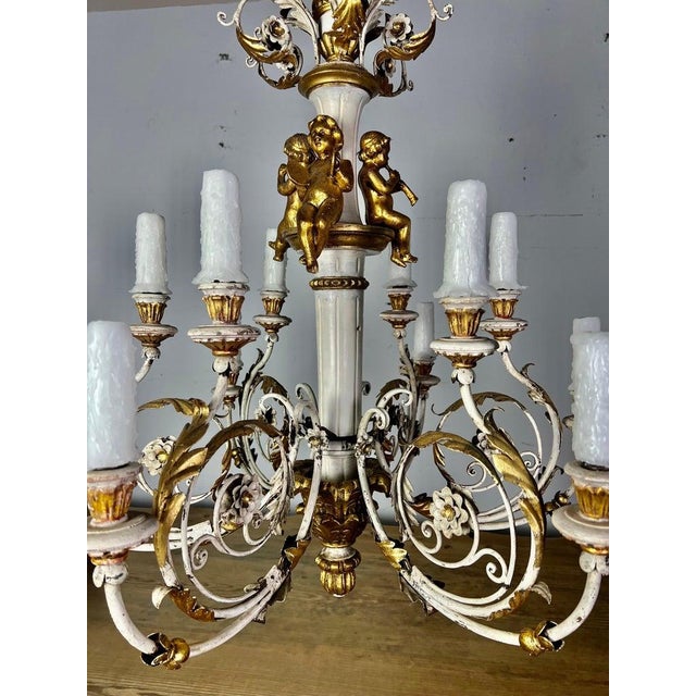 Brass Rococo Chandelier With Gilt Putti and Hand-Painted Ir For Sale - Image 8 of 15