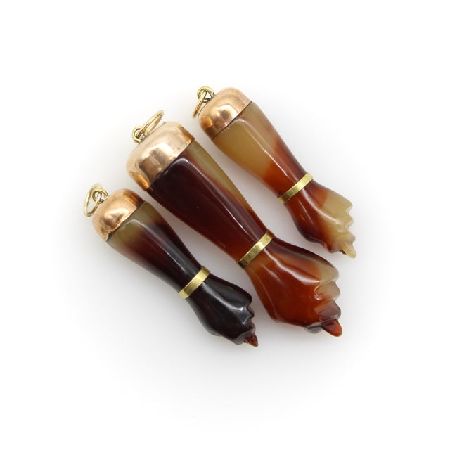 Brown 1920s Large Celluloid Figa With 9k Gold Cap and 14k Gold Bail For Sale - Image 8 of 9