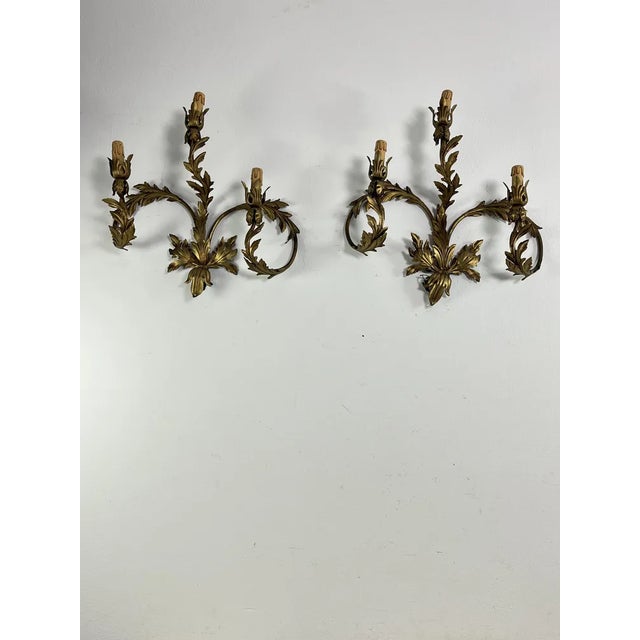 Mid-Century Modern Mid-Century 3-Light Wrought Iron Wall Lamps, 1960s, Set of 2 For Sale - Image 3 of 9