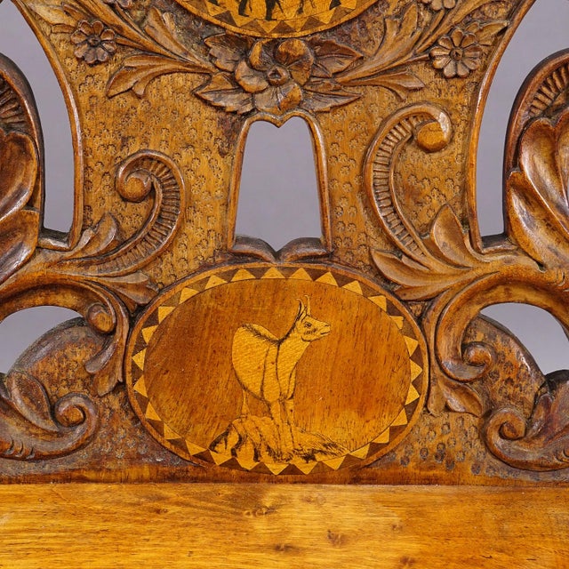 Brown Rare Nutwood Edelweis Marquetry Chair Swiss Brienz 1900 For Sale - Image 8 of 12