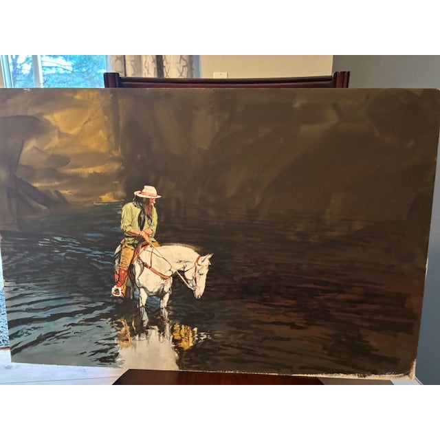 Rustic 1980s Glen Edwards Original Watercolor – Cowboy on Horse Crossing Stream - Framed For Sale - Image 3 of 5