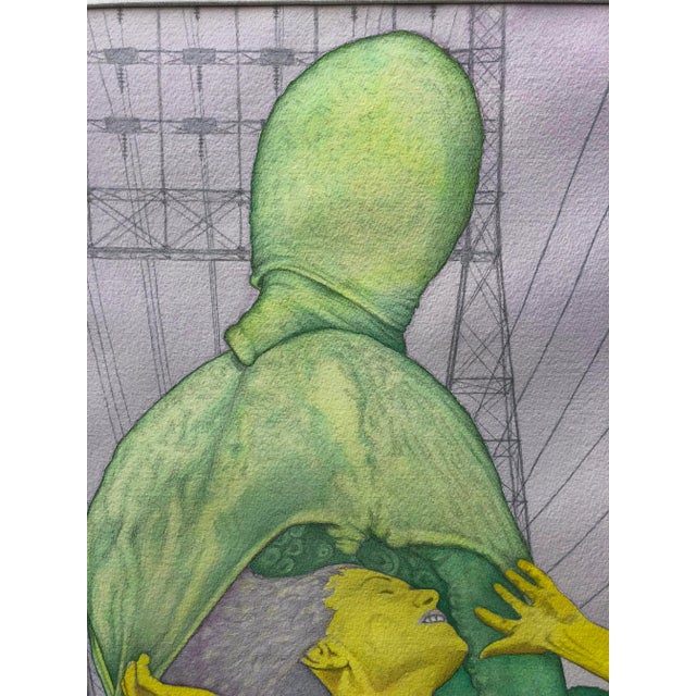 1970s Vintage Surrealist Watercolor Painting of a Woman and Octopus 1973 For Sale - Image 5 of 11