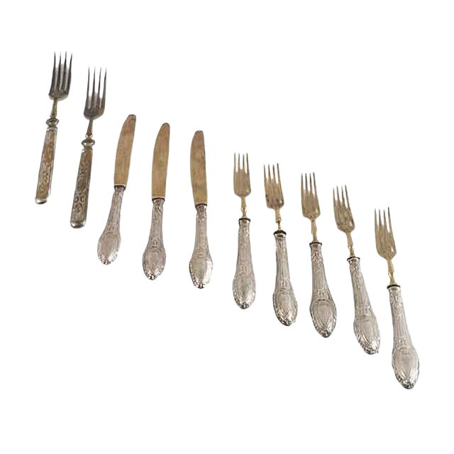 Antique French Silvered Brass Cutlery, 1700s, Set of 10 For Sale