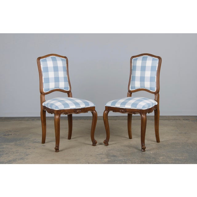 Late 19th Century 19th Century French Louis XV Style Walnut Dining Chairs in Light Blue Plaid - Set of 8 For Sale - Image 5 of 12