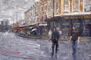 Crossing Over by Clyde Steadman | Oil Painting of two figures walking on a rainy street