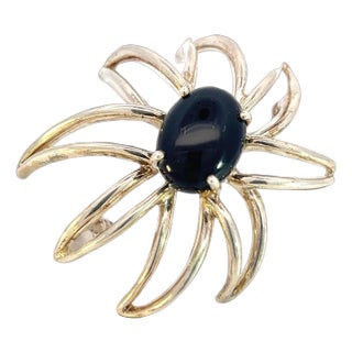 1990s Tiffany & Co Estate Large Onyx Flower Brooch Sterling Silver For Sale