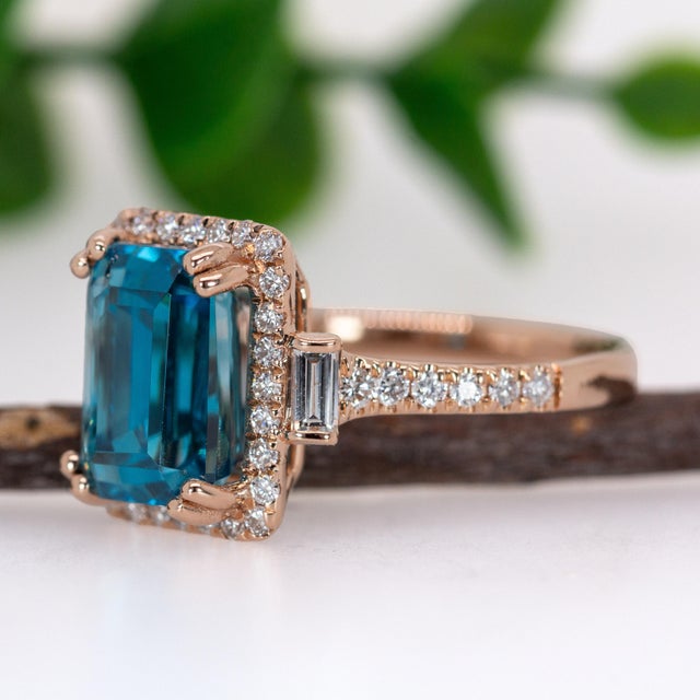 Art Deco 6.7cts Blue Zircon Ring W Earth Mined Diamonds in 14k Rose Gold | Em 9.5x7mm, Size 6.75 For Sale - Image 3 of 7