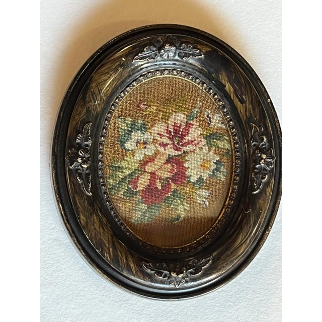Brown Antique Framed Oval Shaped Gloral Needlepoint For Sale - Image 8 of 8