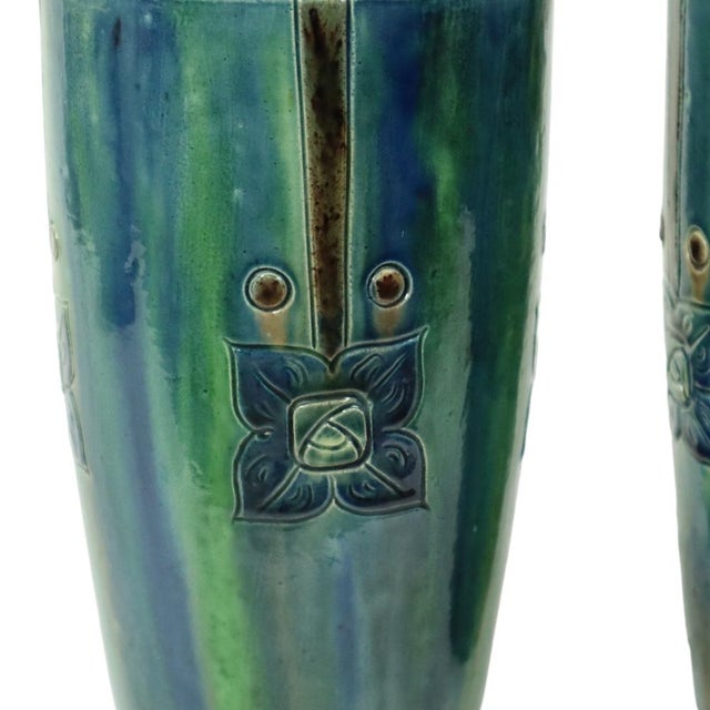 Antique Art Nouveau Flemish Blue Earthenware Vases, 1890s, Set of 2 For Sale - Image 15 of 18