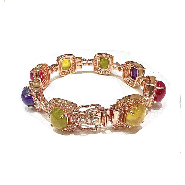 Gemstone Bochic “Capri” Vintage Ruby & Multi Sapphire Cuff Set In 18K Gold & Silver For Sale - Image 7 of 9