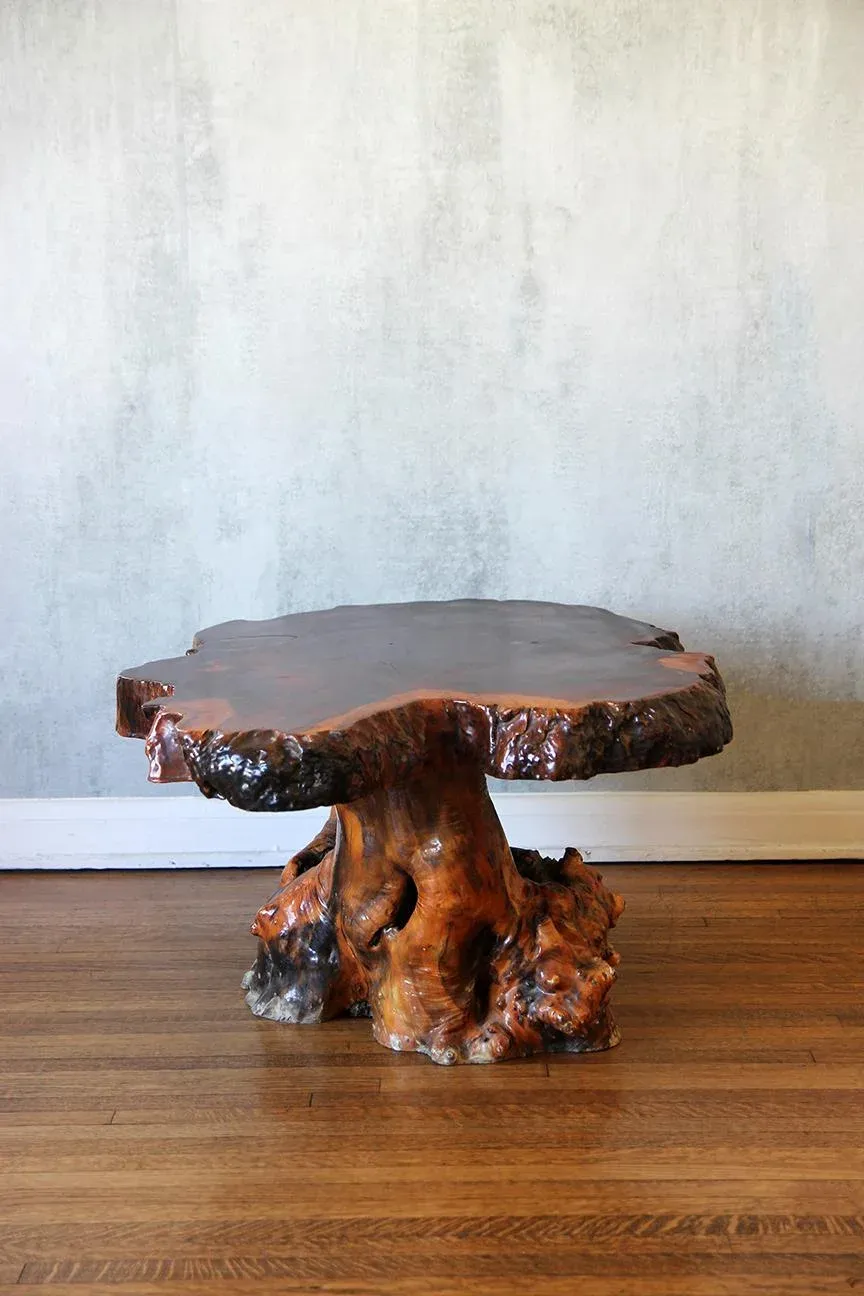 1980s Lacquered Live Edge Specimen Burl Coffee Table With Root