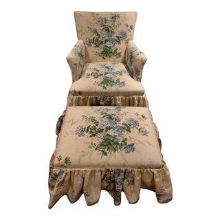 Classic Colefax and Fowler Chair and Ottoman - a Pair For Sale