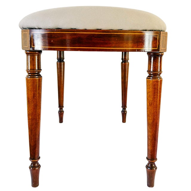Brown Antique English Edwardian Inlaid Mahogany Oval Bench Stool – Sheraton Revival Vanity Seat For Sale - Image 8 of 12