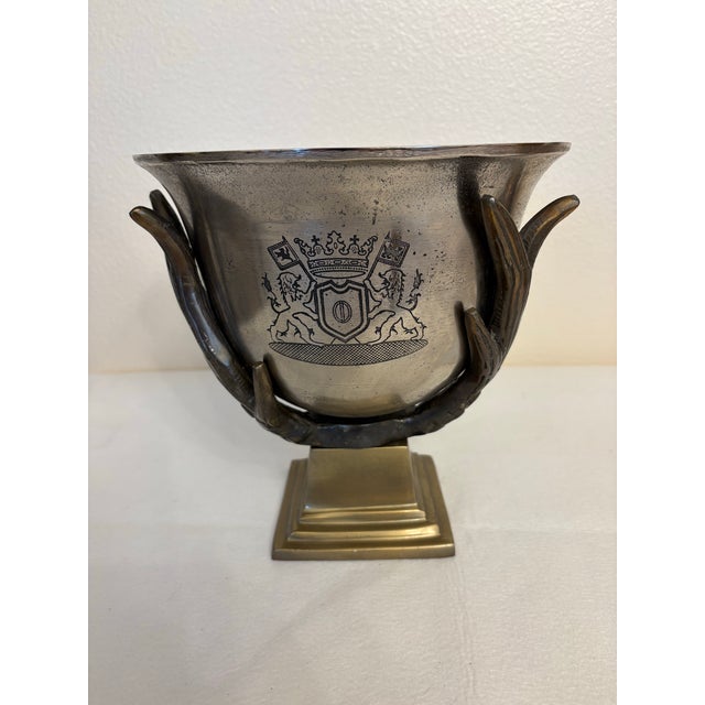 1960s Vintage Hollywood Regency Heraldic Crest Ice Bucket With Antler Handles For Sale - Image 5 of 5