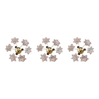 1970s Charming Murano Vintage Ceiling Light Pink Flowers - Set of 3 For Sale