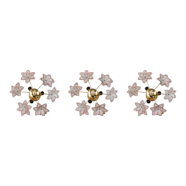 1970s Charming Murano Vintage Ceiling Light Pink Flowers - Set of 3 For Sale