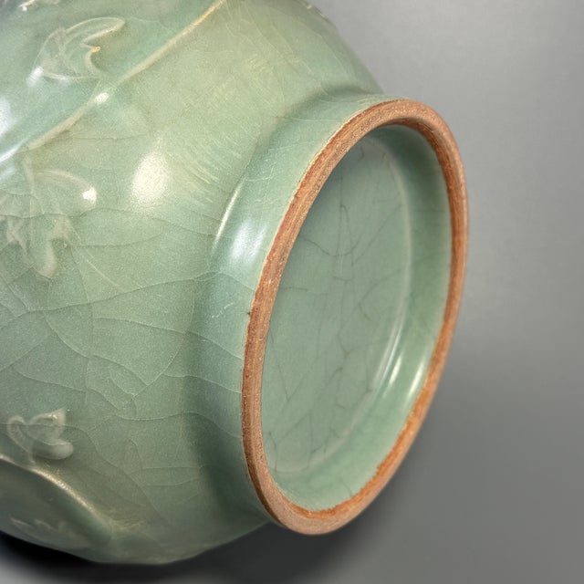 Antique Chinese Celadon Relief‑Decorated Double Gourd Vase, Collectible Antique For Sale - Image 6 of 7