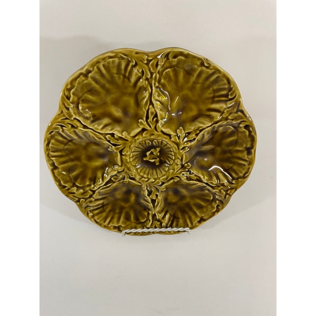 Olive 1950s French Gien Majolica Olive Green Oyster Plate For Sale - Image 8 of 14