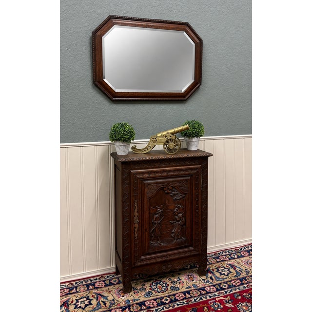 Jacobean Antique English Jacobean Mirror Framed Beveled Octagonal Oak c.1930s For Sale - Image 3 of 18