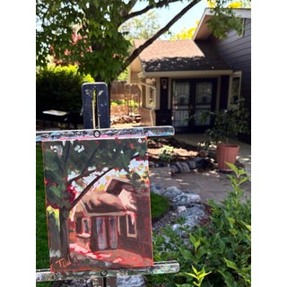 Morning Nook by Tracy Wall | Oil on canvas depicting a cozy house in a garden setting. For Sale