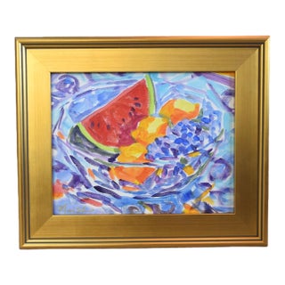 Post-Impressionist Bowl of Colorful Fruit Painting Including the Antiqued Gold Wood Frame For Sale