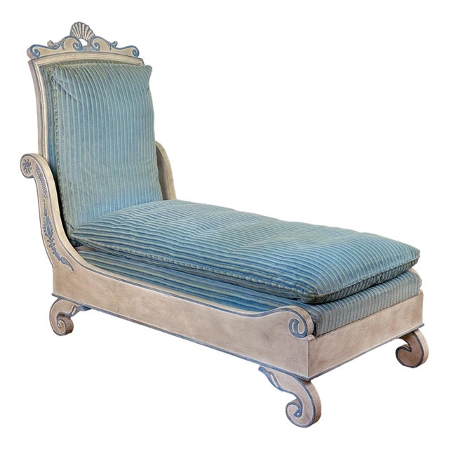 Vintage French Empire Style Blue Upholstered Chaise Lounge For Sale