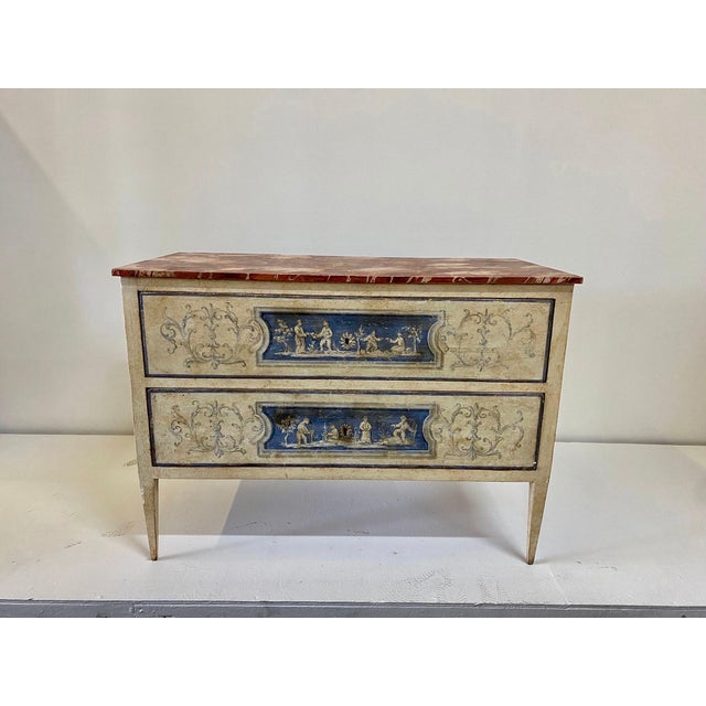 Very fine 19th century Venetian two-drawer commode with keys, the top is faux painted to simulate Sienna marble, over the...