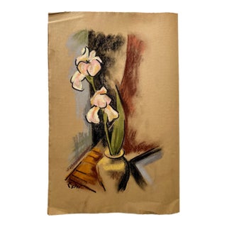 Henry Emil Salloch Original Paste on Paper Still Life With Irises in a Vase, 1971. For Sale