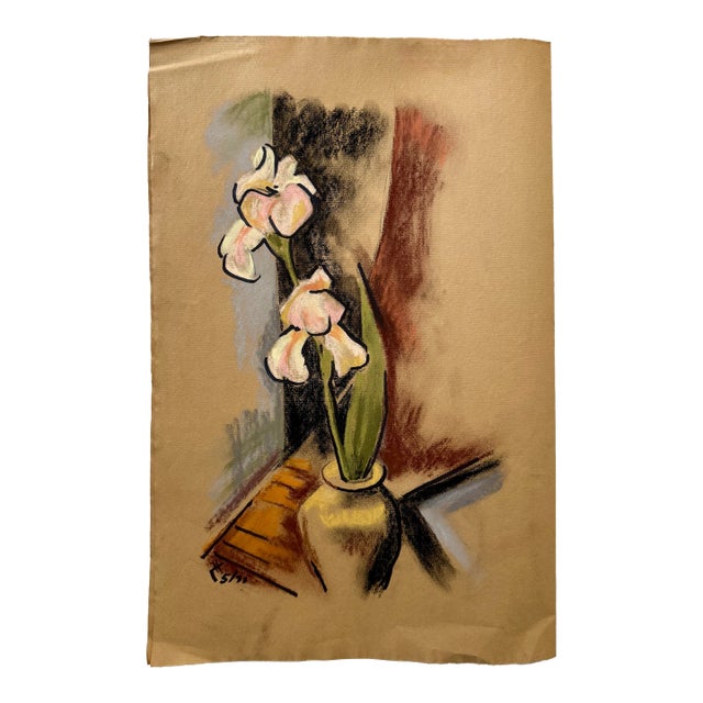 Henry Emil Salloch Original Paste on Paper Still Life With Irises in a Vase, 1971. For Sale
