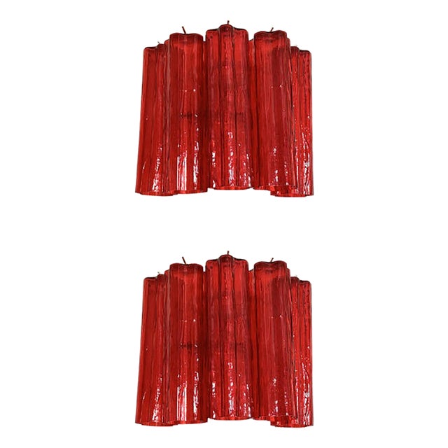 Red Tronchi Murano Style Glass Wall Sconces in Venini Style by Simoeng, Set of 2 For Sale