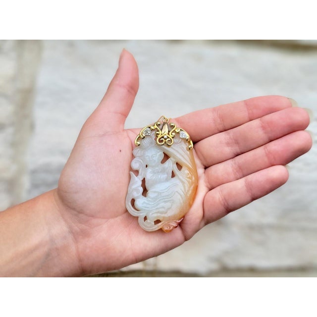 Mustard Gia Certified, Antique Chinese Jade Gold Pendant Goddess Guanyin With Diamond For Sale - Image 8 of 9