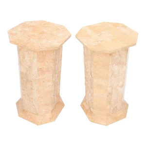 Pair of Polished Stone Tile Tessellated Octagon Shape Pedestals Stand Red White