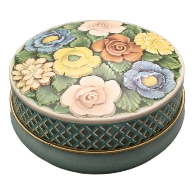 Mid 20th Century Blue Floral Round Tin For Sale