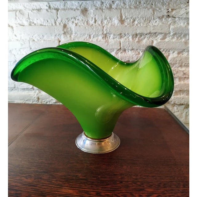 Large Murano glass bowl or centerpiece in a gorgeous two-tone green color. Very decorative. Sinuous and elegant shapes....