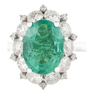 14k Gold Statement Oval Emerald & Diamond Cluster Engagement Ring Size 4 For Sale