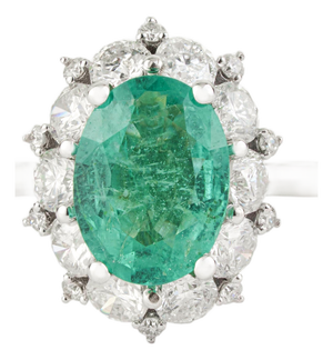 14k Gold Statement Oval Emerald & Diamond Cluster Engagement Ring Size 4