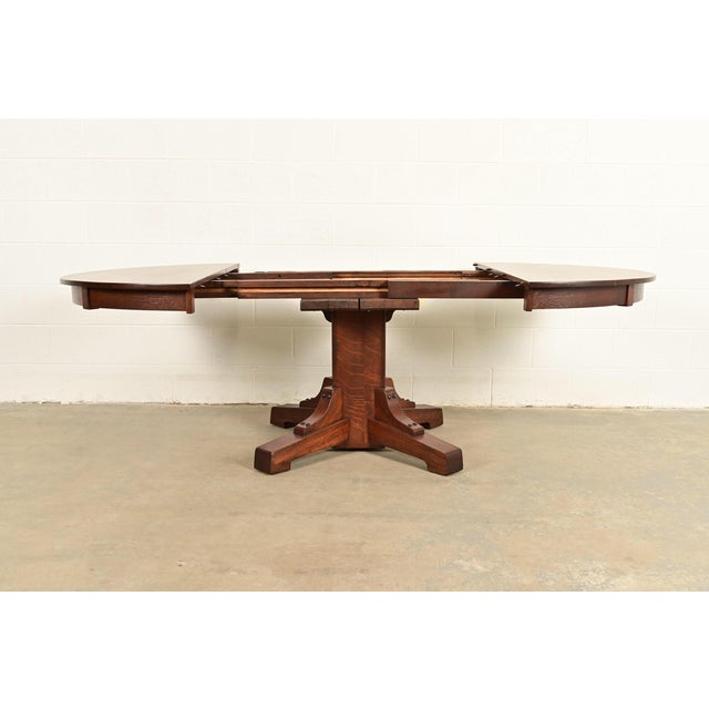 Brown Stickley Brothers Antique Mission Oak Arts & Crafts Pedestal Extension Dining Table, Newly Refinished For Sale - Image 8 of 15