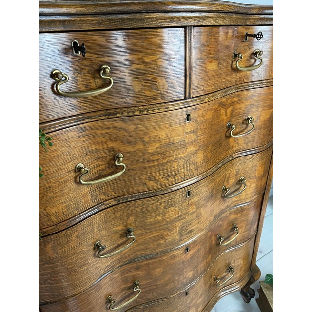 Antique Quarter Sawn Tiger Oak Serpentine Tallboy Dresser Antique on