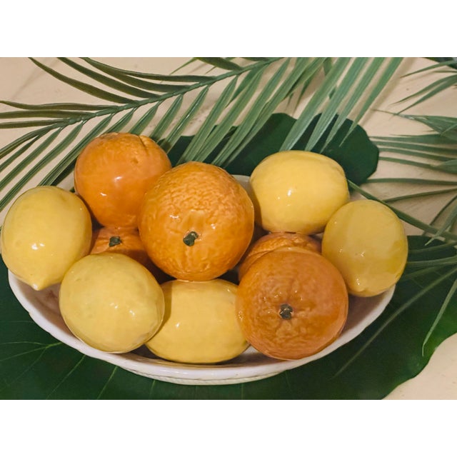 Vintage Italian tromp de l’ oeil ceramic fruits bowl full of oranges & lemons looking naturalistic and fresh from the...