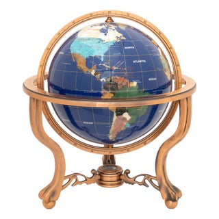 Modern Semi-Precious Stone Inlaid Revolving Globe on Copper Stand For Sale