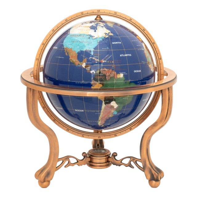 Modern Semi-Precious Stone Inlaid Revolving Globe on Copper Stand For Sale
